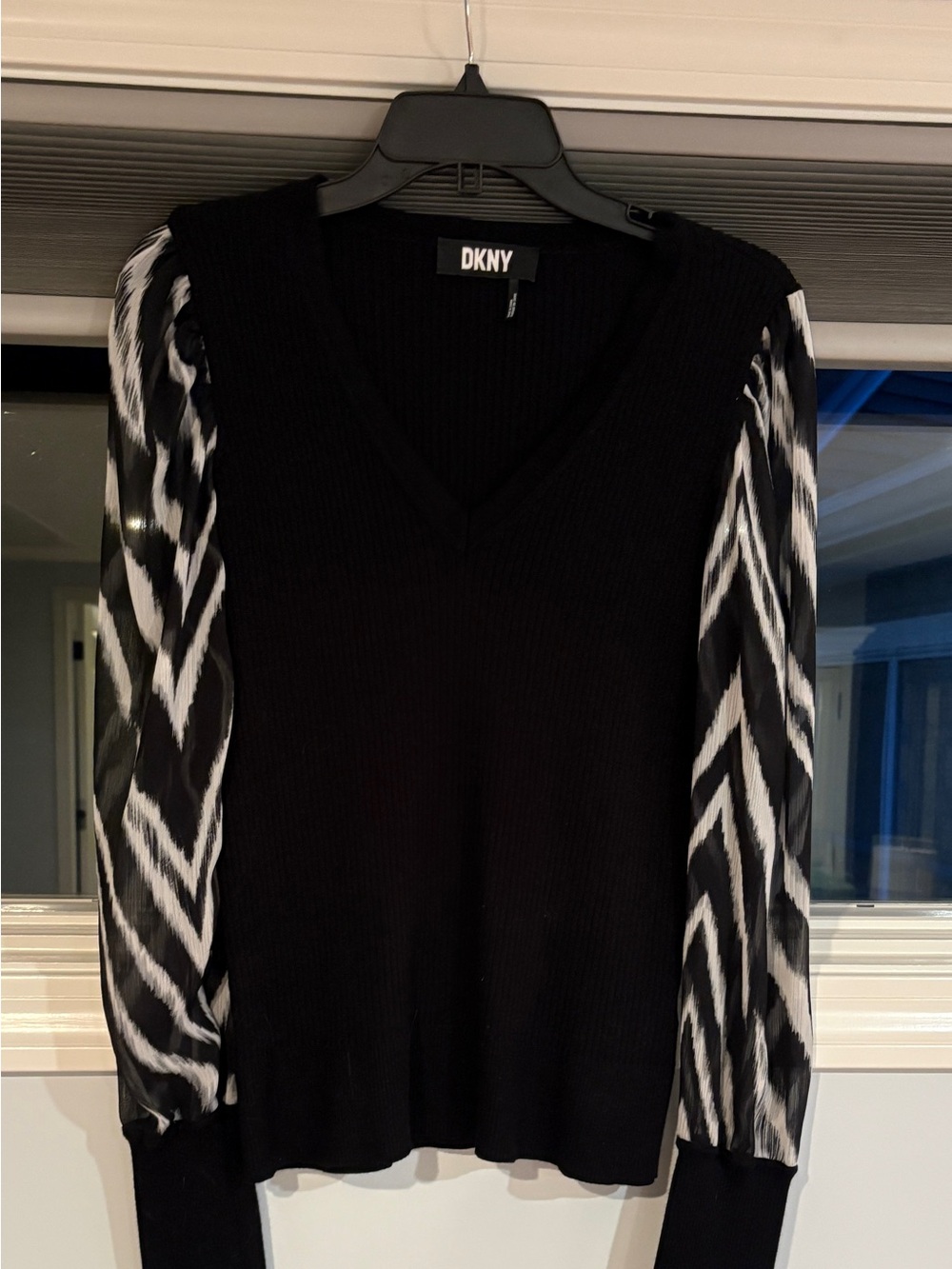 DKNY Black V-Neck Sweater with Sheer Zebra-Print Sleeves